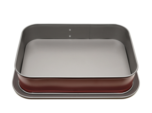 Enamel new metal casserole, isolated on white, side view