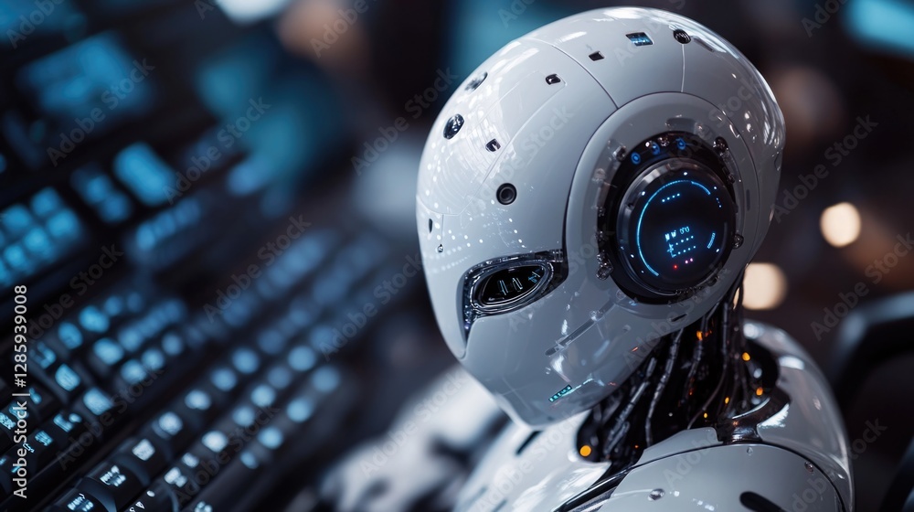 Poster a robot with headphones working at a desk
