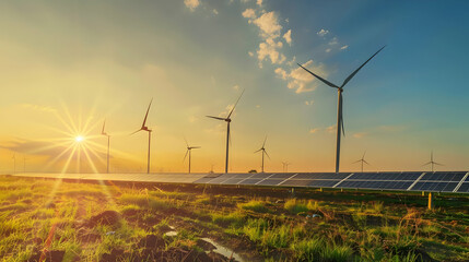 Obraz premium Sunrise over wind turbines and solar panels in a green landscape, showcasing renewable energy