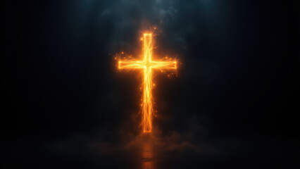 Fototapeta premium A digitally rendered cross glowing with a fiery design against a dark, smoky backdrop.