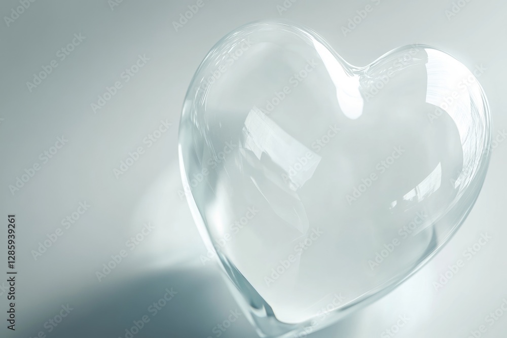 Poster a clear glass heart shaped object sits on a table, perfect for decorative purposes or as a prop in v