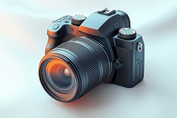 Modern Camera with a Lens Resting on a Neutral Backdrop