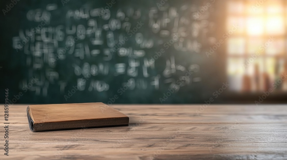 Poster abstract blurred background celebrating learning with book on desk and chalkboard in classroom