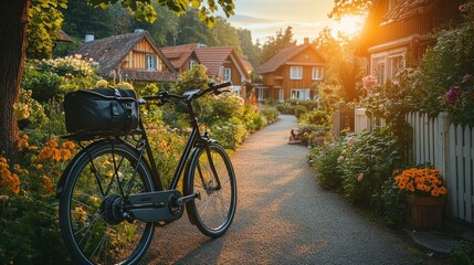 Fototapeta premium Sunset bike ride through charming European village