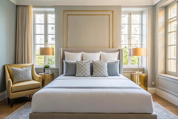 Elegant bedroom with large bed, upholstered headboard, and gold accents.