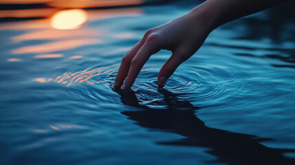 Fototapeta premium A contemplative moment captured in close-up--a delicate hand gently touching the water's surface, creating soft ripples