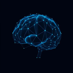 Low poly brain or Artificial intelligence concept. Symbol of Wisdom point. Abstract vector image of a human Brine. Low Polygonal wireframe blue illustration on dark background. Lines and dots