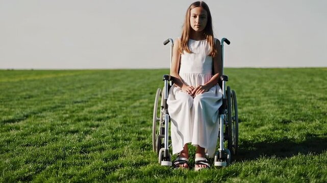 Slow motion montage of a young girl with long brown hair, wearing a white dress, sitting in a wheelchair in a green field, looking at the camera