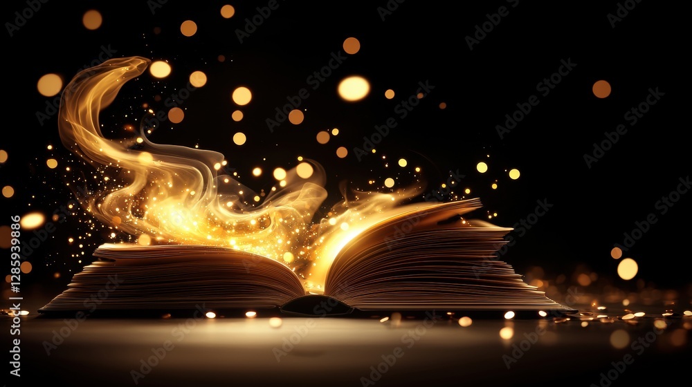 Poster modern artistic visual of an open book with magical glowing effects and sparkling lights