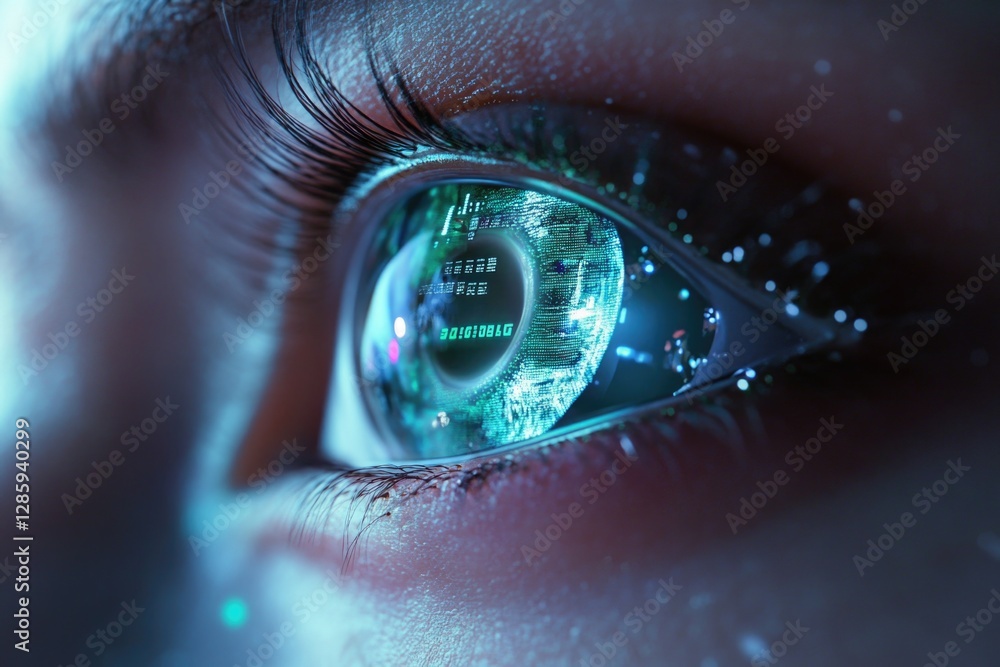 Poster a detailed view of an eye with a computer chip implanted in the iris