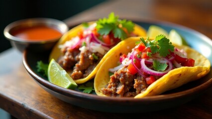 Savory Ground Meat Tacos with Fresh Pico de Gallo and Cilantro Garnish, Served with Zesty Salsa