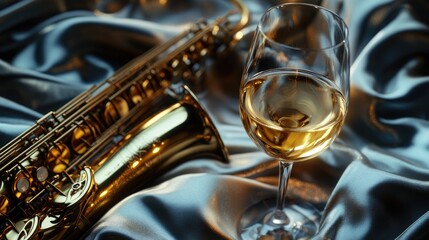 A Glass of Wine and Saxophone on Silk Fabric