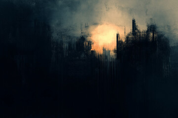 Obraz premium Dark Abstract Cityscape with Glowing Sunlight