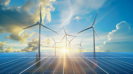 Wind turbines and solar panels under a vibrant sky at sunset, symbolizing renewable energy