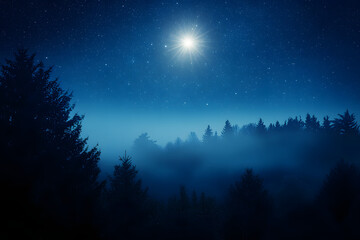 Fototapeta premium Starry night sky with the bright star of Orion over a forest landscape. Christmas background