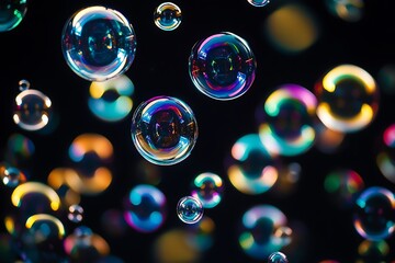 Iridescent soap bubbles floating on black background.