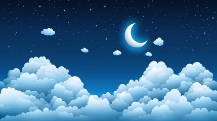Dreamy Illustration of a Serene Night Sky with Moon and Fluffy Clouds