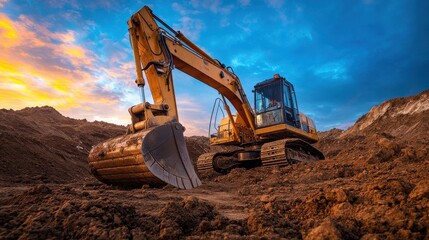 Excavator digging soil at a construction site during sunset with colorful clouds in the background