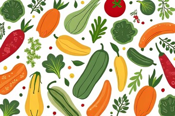 Colorful Vegetable Pattern with Squash, Peppers, and Herbs
