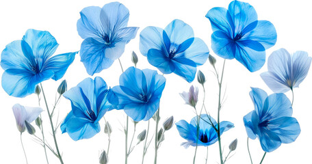 Delicate blue flowers on a transparent background symbolizing spring, warmth and beauty of nature. Design element for floral decorations, greeting cards and seasonal designs.