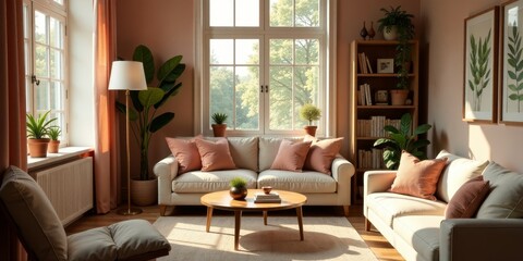 Serene living room interior design featuring a neutral palette, plush sofas, abundant natural light, and carefully placed potted plants creating a calming and inviting atmosphere.