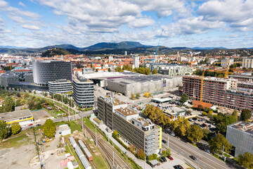 Aerial view of the city of Graz, Austria with the Ostbahnhof train station and the exhibition area