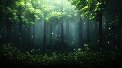 Fototapeta premium Enchanted Forest with Soft Light and Fireflies in a Magical Atmospheric Setting