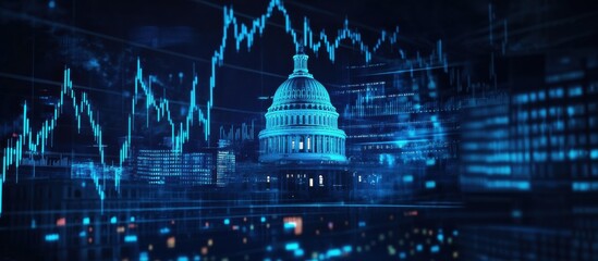 Capitol building illuminated at night with financial data overlay in a technological cityscape