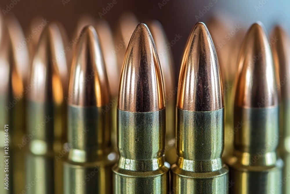 Poster close-up view of a collection of bullet shells on a surface, perfect for use in military-themed proj