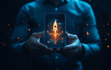 Man holding phone showing a rocket launching.
