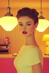 Obraz premium Elegant Woman in Retro Style Cafe with Warm Lighting and Vintage Decor Elements