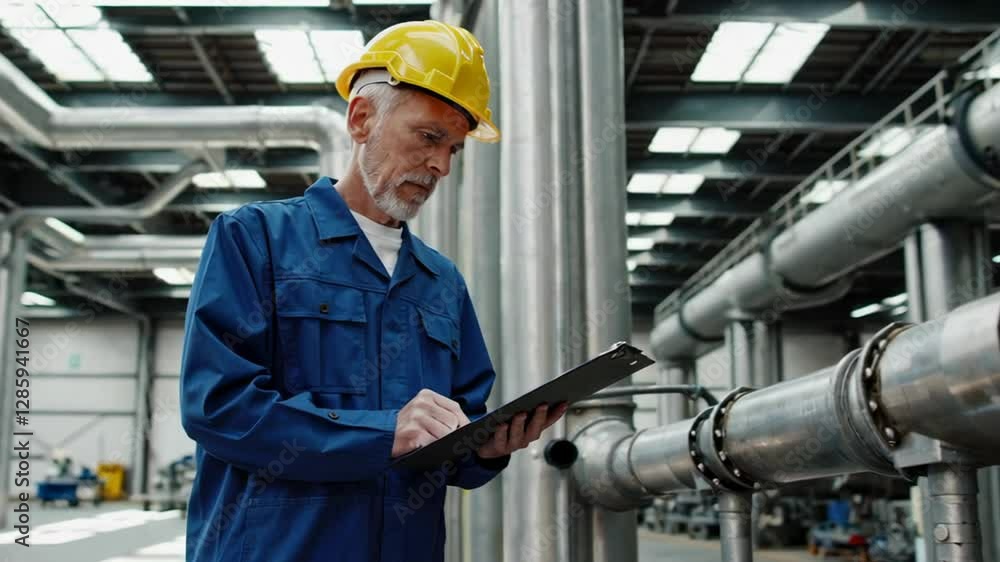 Poster Factory engineer wearing hardhat and uniform inspecting industrial pipeline system with digital tablet, analyzing technical details during precision monitoring at manufacturing facility