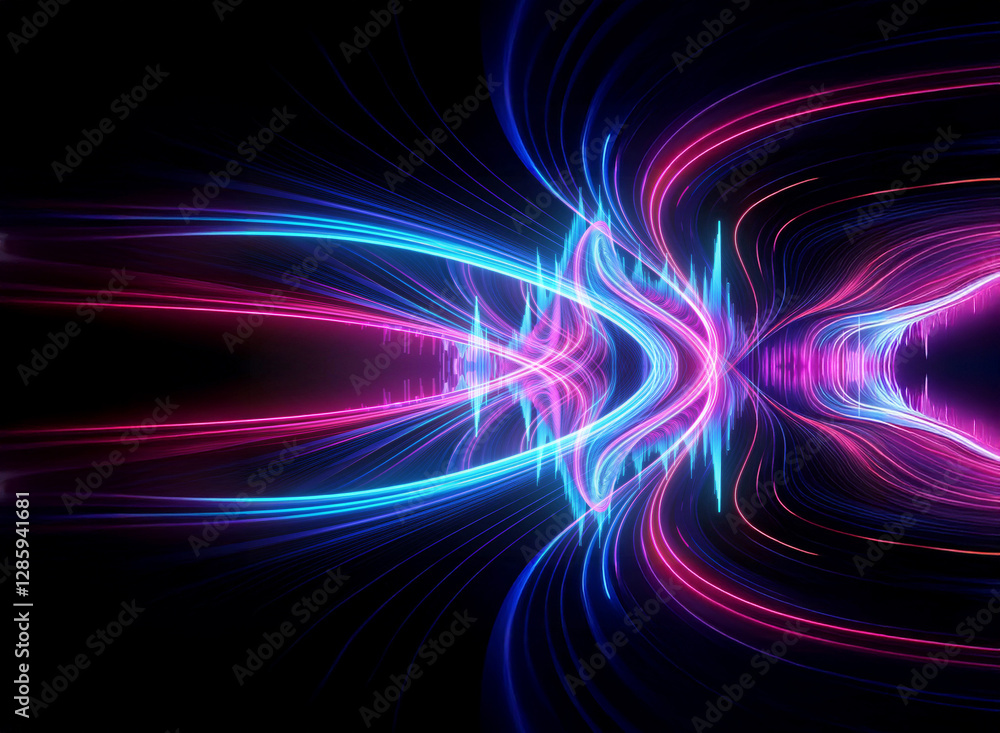 Poster vibrant glowing lines of blue and pink energy emanate from a central point against a dark background