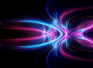 Vibrant glowing lines of blue and pink energy emanate from a central point against a dark background.  Dynamic abstract streams of light intertwine, creating a futuristic and energetic visual.