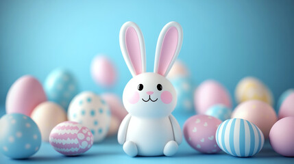 A cute, white bunny toy sits among pastel-colored, decorated eggs on a soft blue background. Concept of celebration, joy, and whimsy.