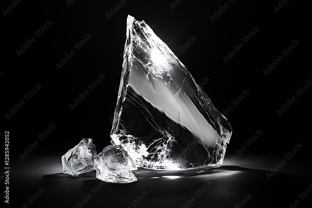 Poster luminous ice shard with smaller fragments on black background.