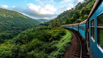 A scenic railway journey through lush green hills, with space in the sky for a travel quote.