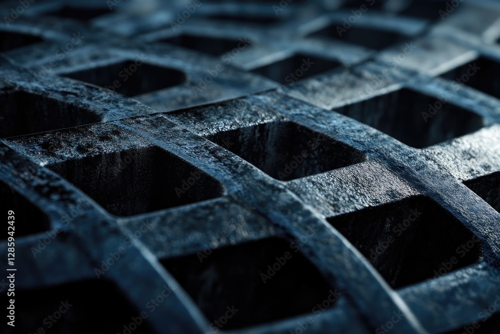 Poster close-up view of a metal grate with circular holes, great for industrial or infrastructure concepts