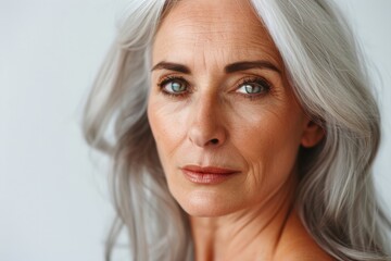Naklejka premium Close-up portrait of a mature woman with gray hair and expressive eyes, showcasing natural beauty and age.
