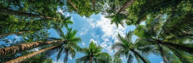 Fototapeta premium Lush tropical palms reaching towards a bright blue sky on a sunny day in a serene forest setting