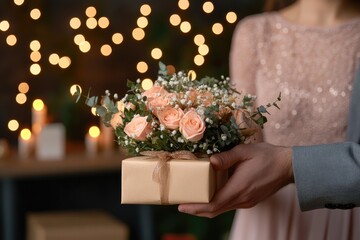 Romantic Gift Exchange: Elegant Rose Bouquet on Gift Box with Bokeh Background