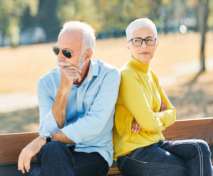 woman man senior couple retirement together elderly arguing problem conflict relationship angry argument divorce outdoor active park love old