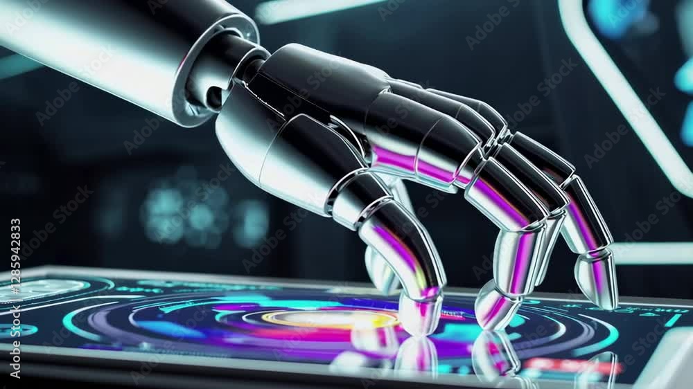 Aufkleber Metallic robotic hand interacting with holographic digital interface, displaying vibrant visual effects and innovative technological design through dynamic slow motion movement