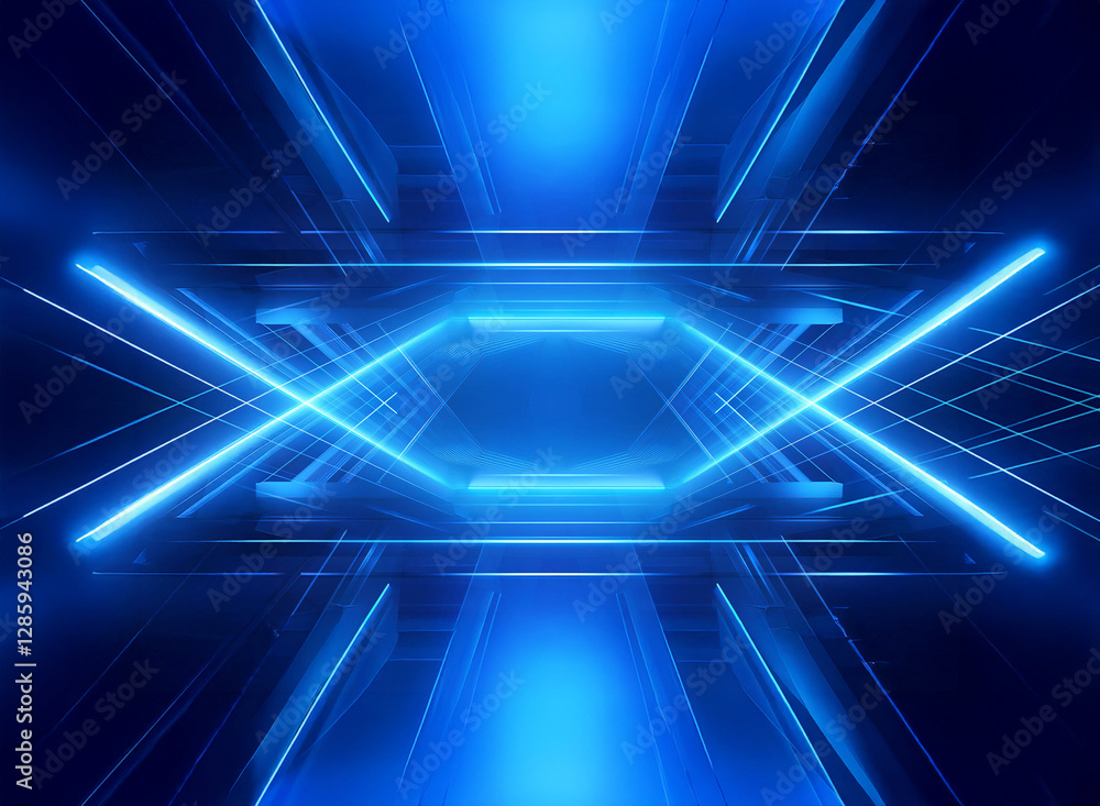 Poster vibrant blue neon lights create a geometric tunnel effect. lines converge towards a central hexagon 