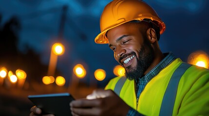 Smiling Construction Worker Wearing Hard Hat and Reflective Vest Using Tablet at Night