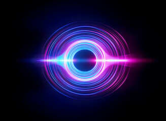 Vibrant neon rings of blue and pink emanate from a dark center against a stark black backdrop, creating a cosmic and futuristic abstract design.