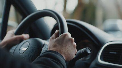 A nervous student driver focused on steering during first lesson