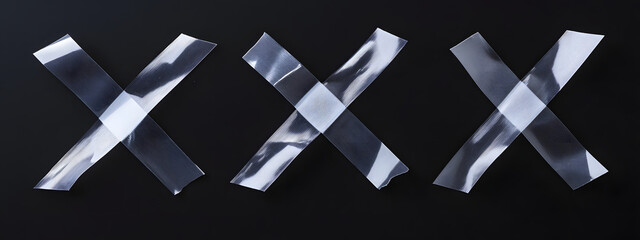 Three white X's made of clear tape on a black background