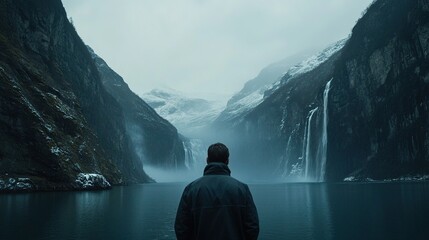 A movie shot of a man standing in front of a fjord, with waterfalls, mist shrouded, a dark atmosphere, and snow covered mountains on both sides.