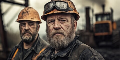 Obraz premium Hardworking miners pose in rugged attire, showcasing determination and grit in an industrial site at dusk